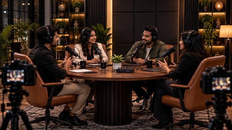 group-podcast-setup-at-the-flying-kite-studios-best-podcast-studio-in-Gurgaon